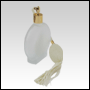 Frosted Circle glass bottle with Ivory Bulb sprayer with tassel and golden fitting. Capacity: 3.5oz 