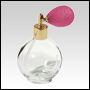 Clear Round glass bottle with Pink Bulb sprayer and golden fitting. Capacity: 4.33oz (128 ml)