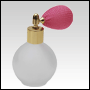 Frosted Round glass bottle with Pink Bulb sprayer and golden fitting. Capacity: 2 2/3oz (78 ml)