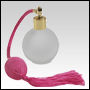 Frosted Round glass bottle with Pink Bulb sprayer with tassel and golden fitting. Capacity: 2 2/3oz 
