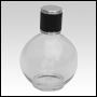Clear Round glass bottle with Black Leather-type cap. Capacity: 125 mL (about 4oz) at neck.   