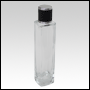 Slim clear glass tall bottle with Black  Leather-type cap.Capacity: Up to 103 mL  