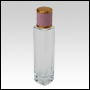 Slim clear glass tall bottle with Pink Leather-type cap. Capacity: Up to 53 mL  (~1.80 oz) at neck.