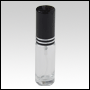 Clear Glass, refillable, cylindrical bottle with Black metal sprayer and black cap.