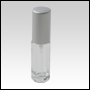 5ml (1/6oz) Clear Glass, refillable, cylindrical bottle with Matte Silver metal sprayer and cap.